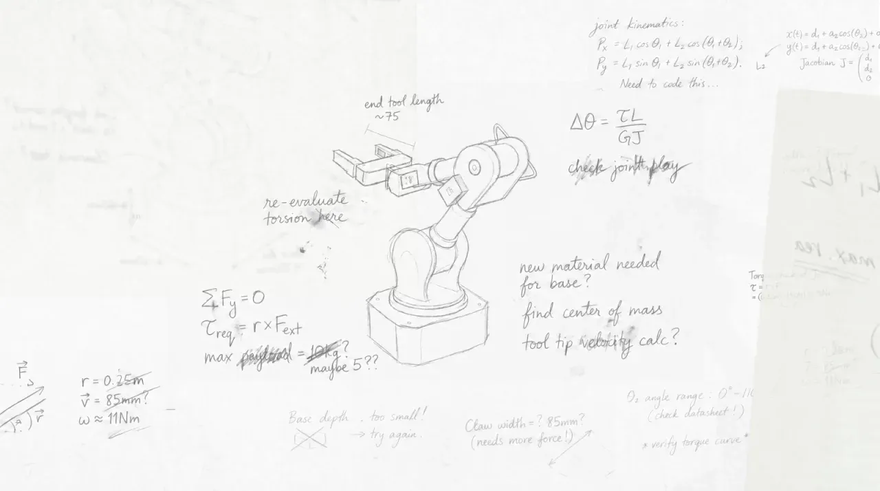The studio’s redraw of the robot arm sketch, the arm in the pose from the 3D view.