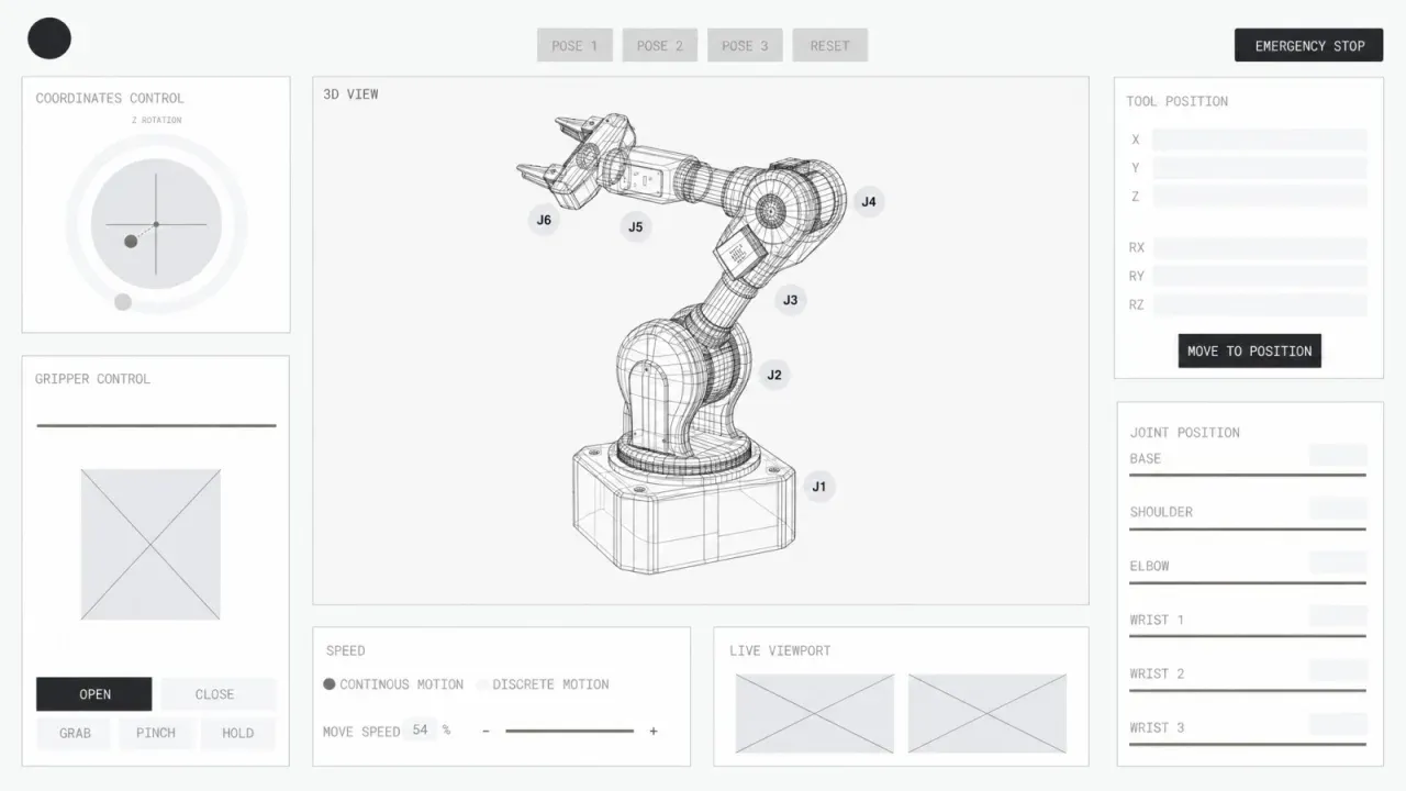The arm in the app’s wireframe, its joints marked.