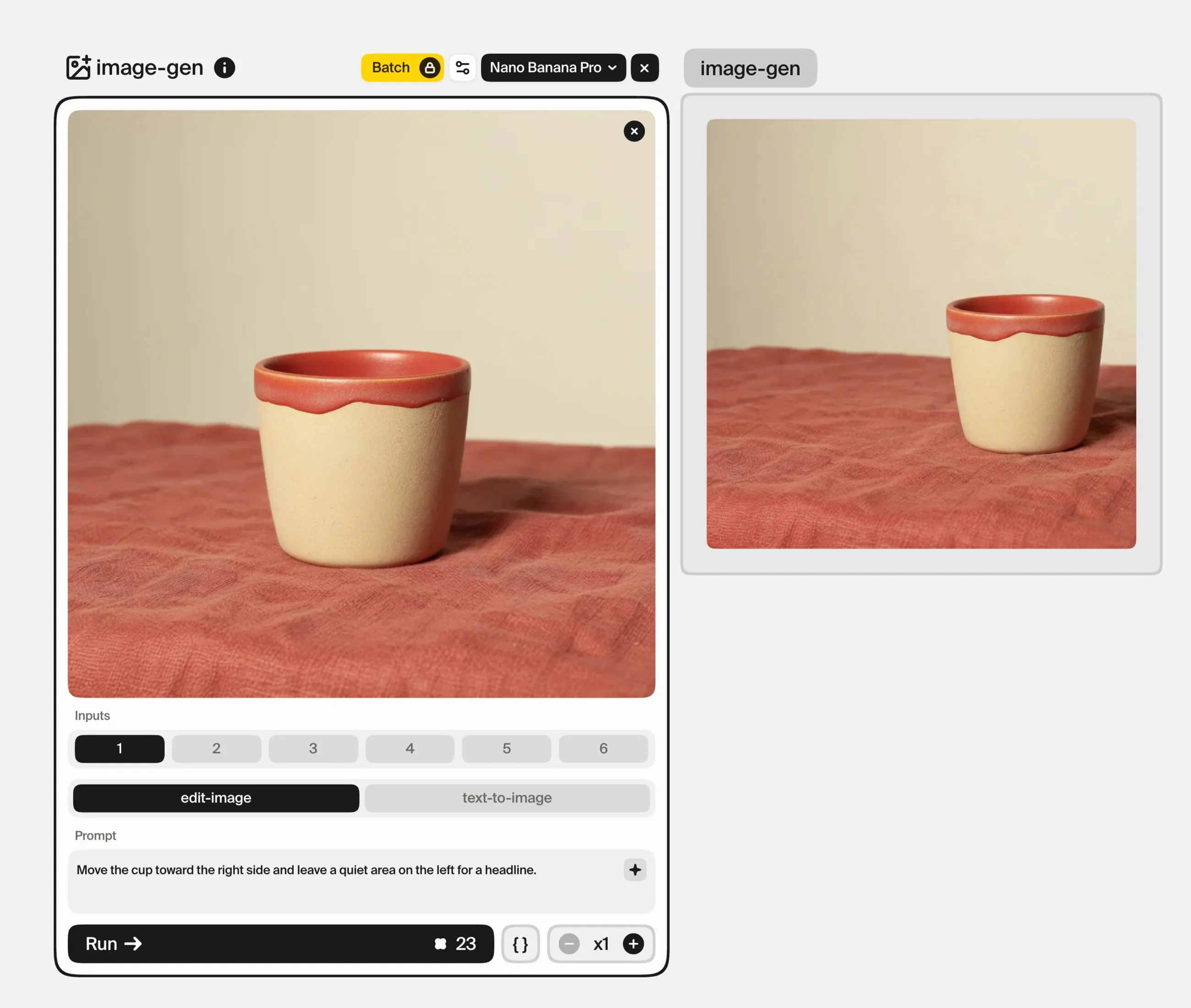 The image-gen card in edit-image mode holding the cream and orange cup with the instruction to move the cup toward the right side and leave a quiet area on the left for a headline, beside the result, with the cup moved right and the left half left empty.