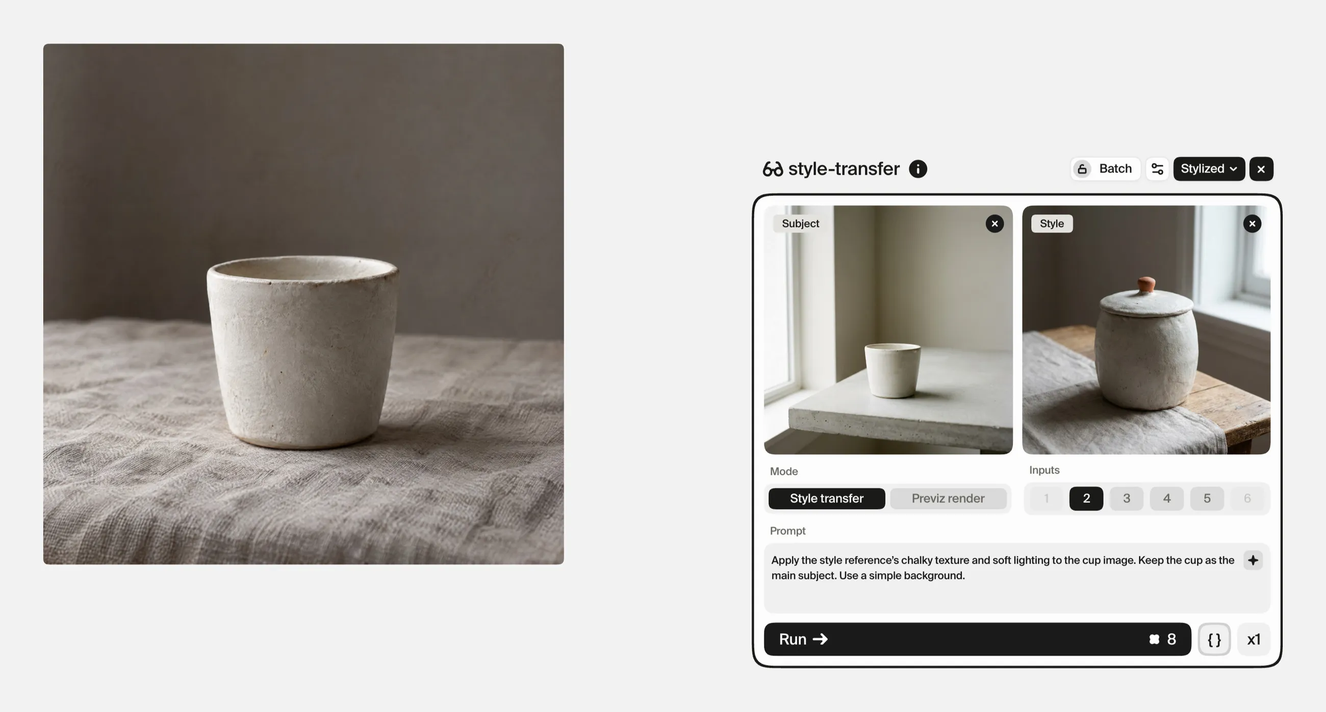 The chalky styled cup on the Plnty canvas beside the style-transfer card, with the cup photograph as Subject, the stoneware vessel as Style, Style transfer mode and the prompt about chalky texture and soft lighting.