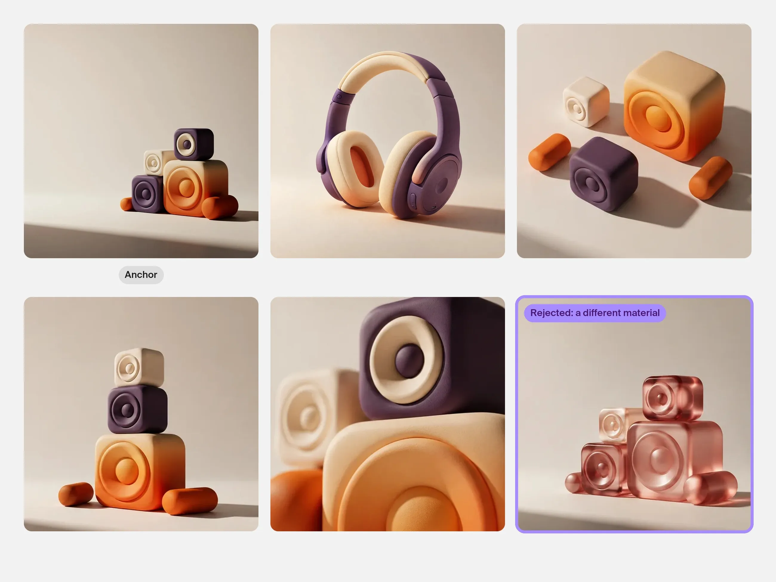 Six images in a grid: the anchor, the headphones, the scattered forms, the tower and a close-up share the palette and matte finish; a pink glass version is marked rejected.