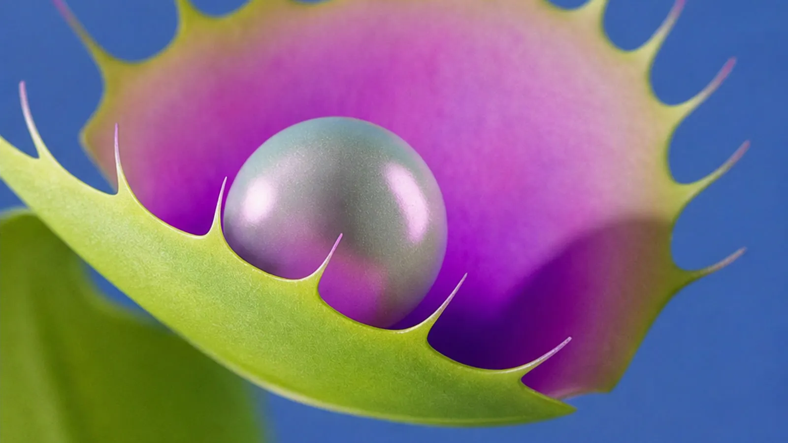 A close view of a flytrap holding a pearl, lilac lashes against a cobalt backdrop.