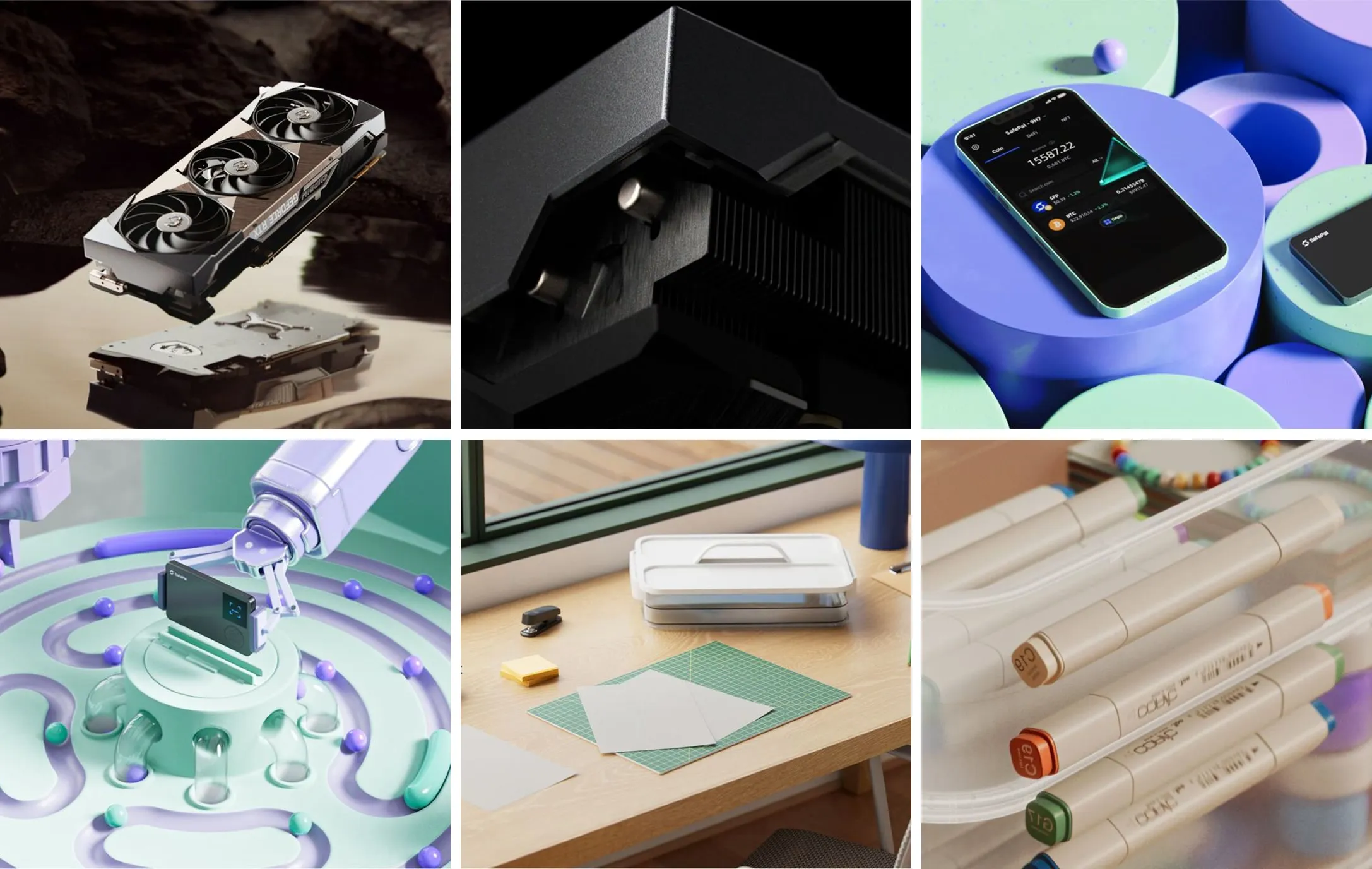 Six stills in two rows. An MSI graphics card floating over its own backplate among dark rocks, a close view of the card's black shroud, a SafePal wallet app on a phone resting on lilac and mint cylinders, a robot arm placing a SafePal card on a pedestal, a Brightroom storage case on a wooden desk, and Brightroom markers in a clear tray.