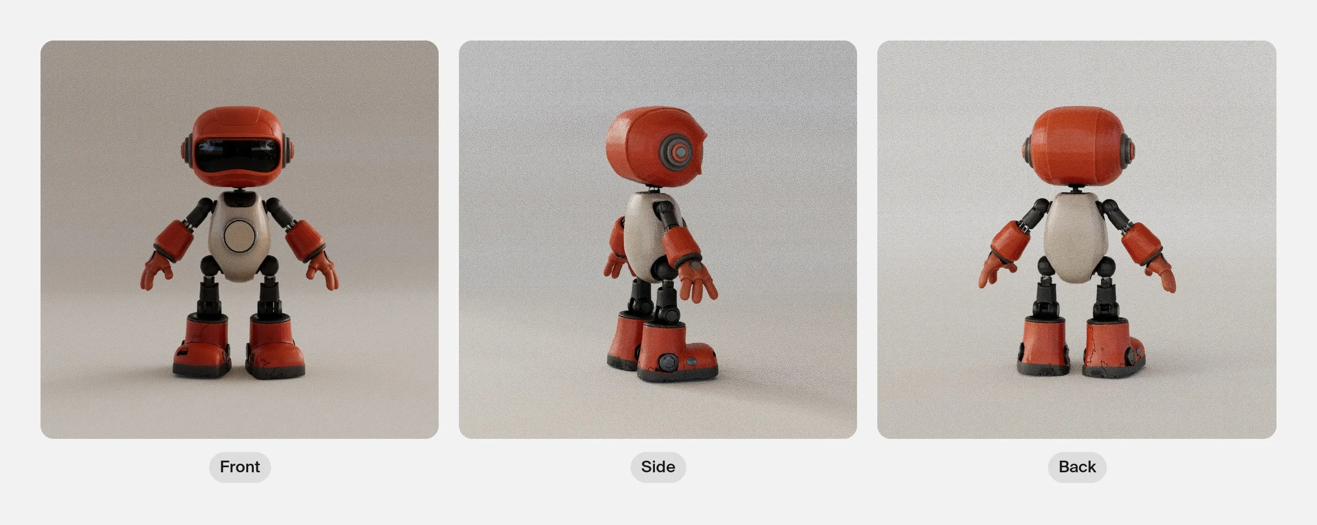 Three renders of the robot model: from the front, from the side and from the back.