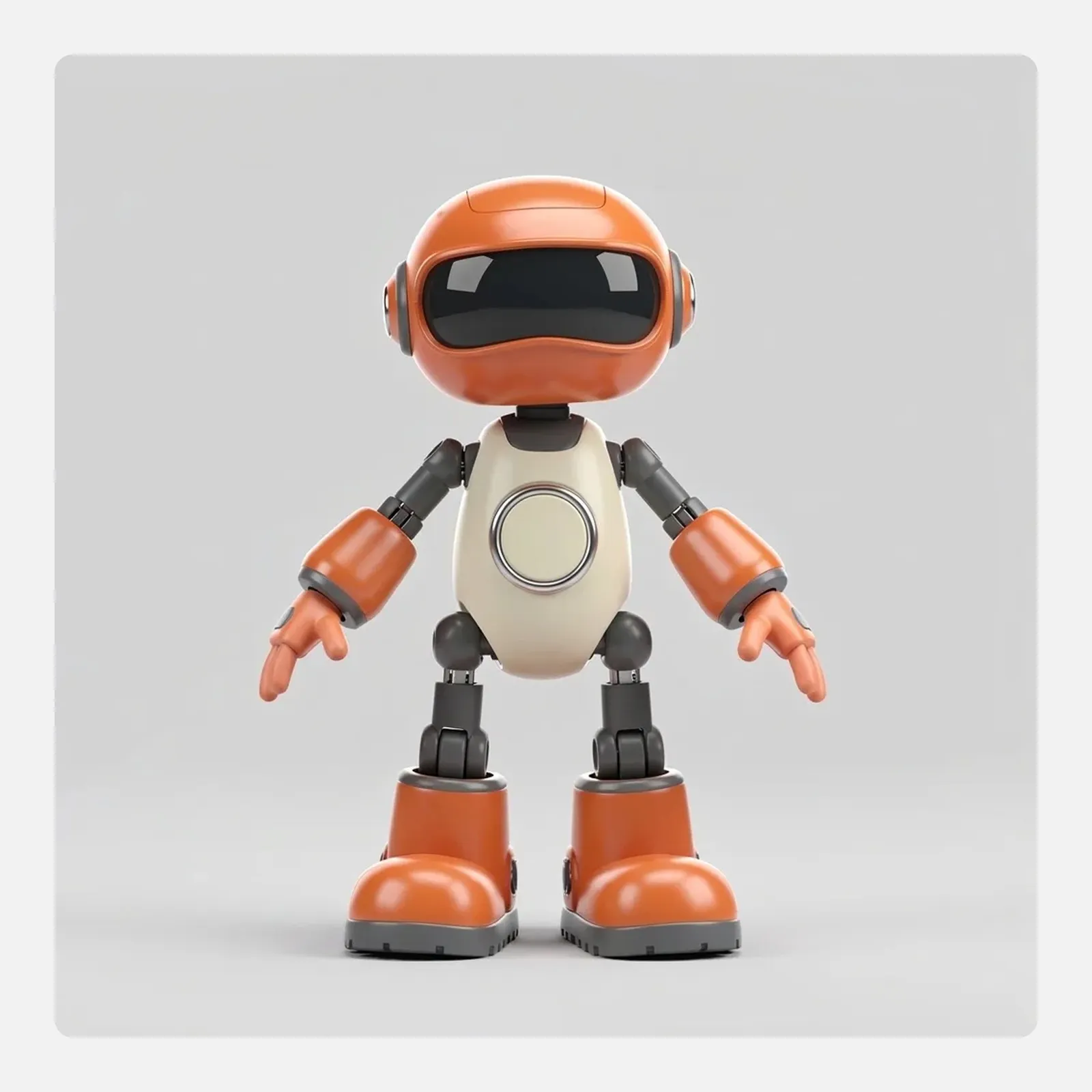 The robot character standing front on against a light grey background: a rounded orange head, a wide visor, a short cream torso with a circular chest panel, jointed grey limbs and oversized boots.