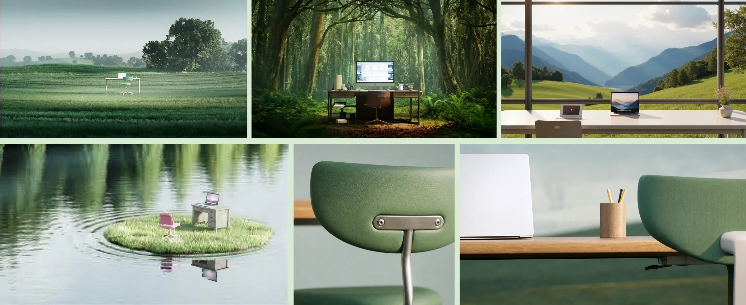 Six pictures of desks outdoors: under a tree in a field, in a forest, by a window over mountains, on a floating patch of grass, and close-ups of a green chair's back and a pencil cup.
