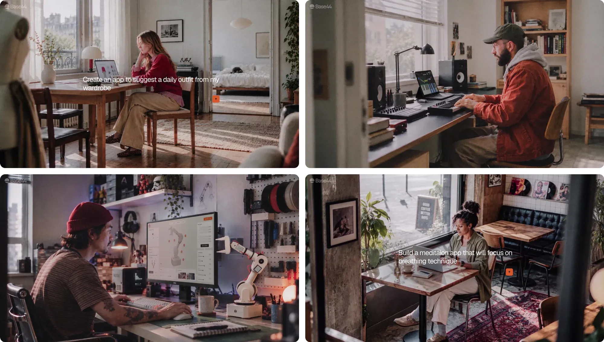 Four frames from the film in a grid, a woman at a desk in her bedroom, a pianist at his keyboard, a maker at his workshop desk with a robot arm, and a woman with a laptop in a cafe.