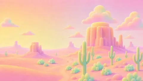 A pink desert with a mesa and cactus under warm clouds.