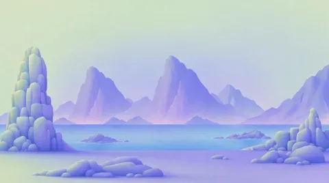 Lilac mountains over a calm sea.