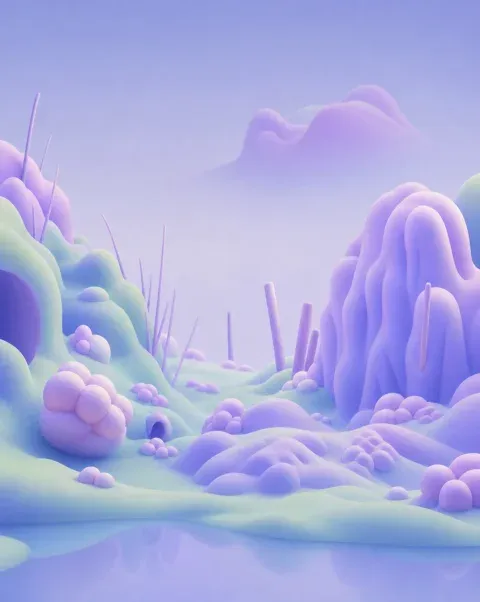 Lilac clay shapes and towers beside the water.