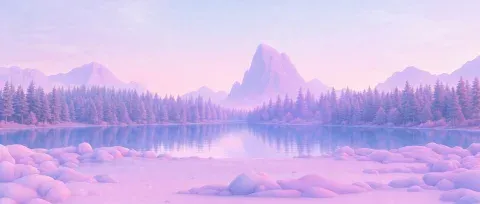 A lilac lake under mountains, a forest on its far shore.