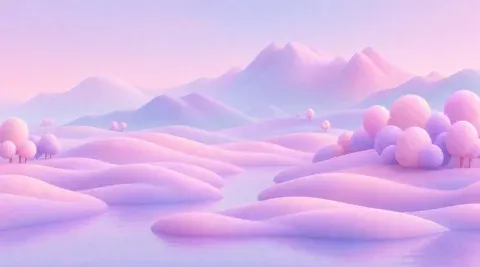 Soft lilac dunes beside a lake, pink round bushes on the right.