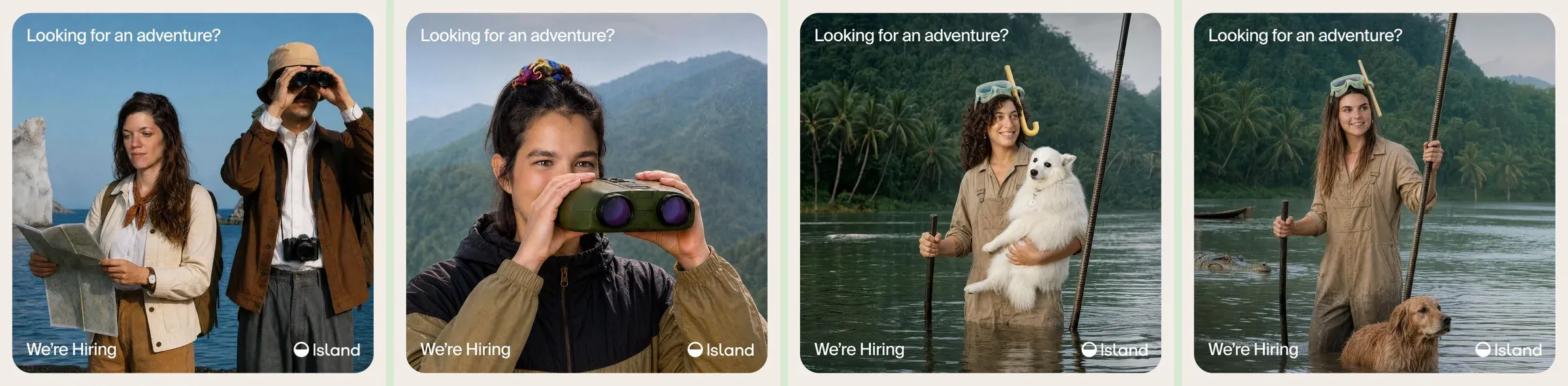 Four hiring posts reading Looking for an adventure?, Island colleagues with a map and binoculars on a rocky coast, with binoculars by a forested mountain, and wading in a jungle river with a dog.