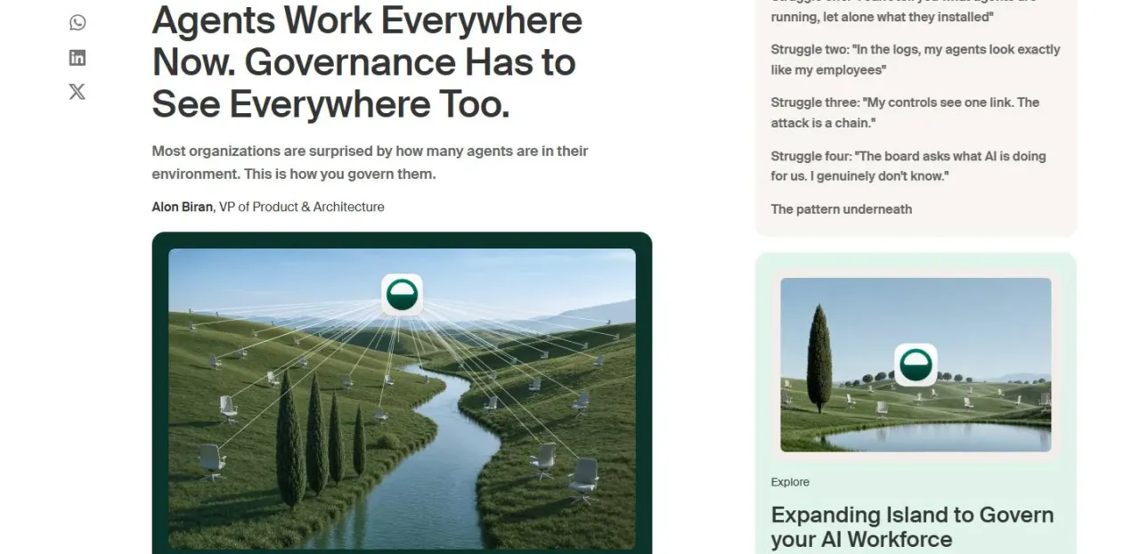 Agents Work Everywhere Now, Island's blog post, its cover a river winding through green hills and cypresses.