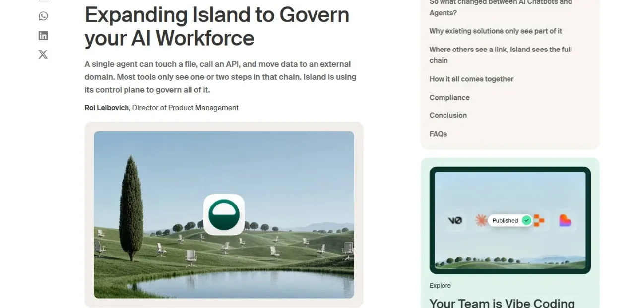 Expanding Island to Govern your AI Workforce, Island's blog post, its cover the cypress landscape with the Island mark.
