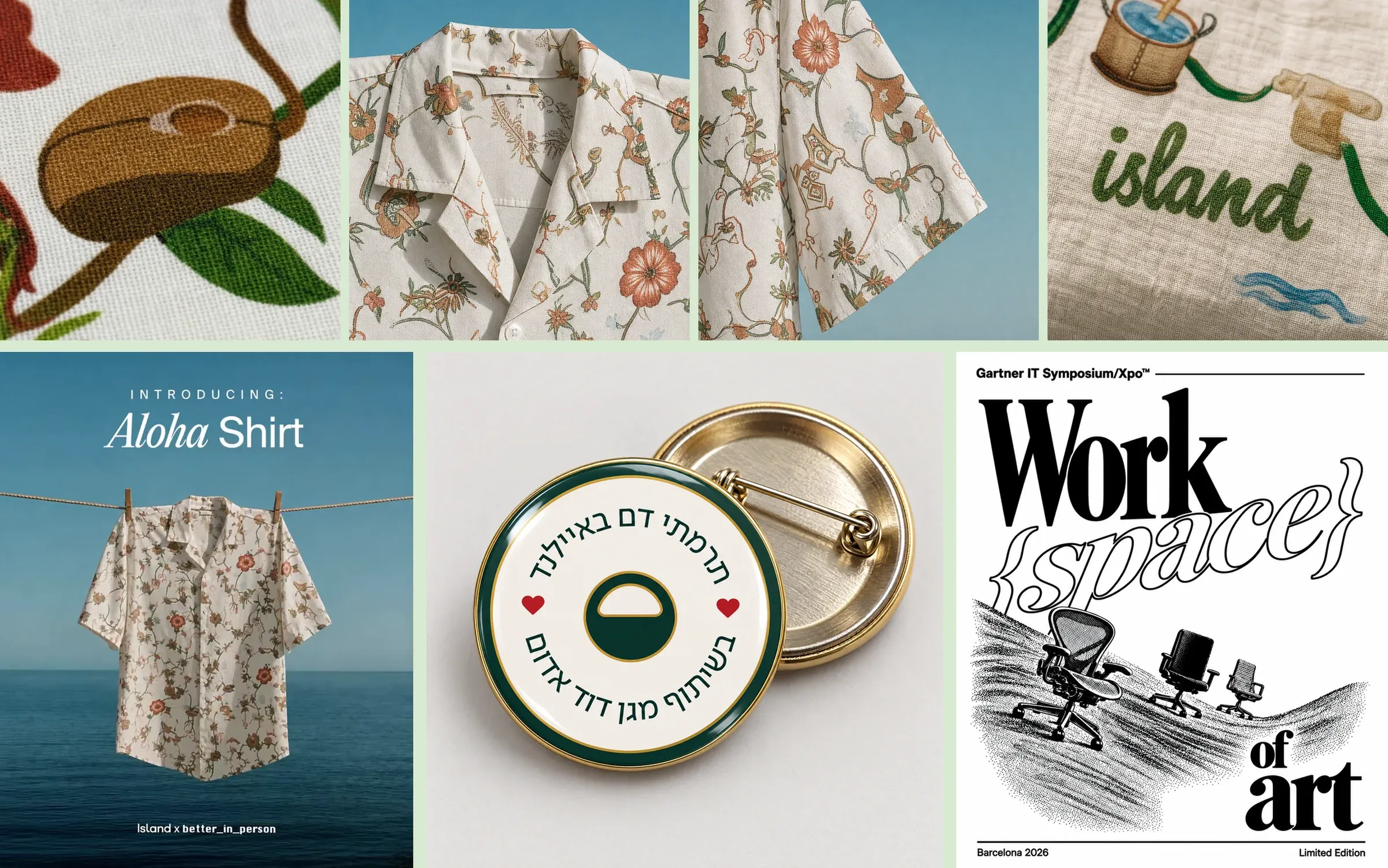 Close-ups of a printed fabric with a computer mouse and leaves, a floral shirt, a stitched island wordmark, the shirt's title card, an enamel pin and a black and white Work{space} of Art poster.