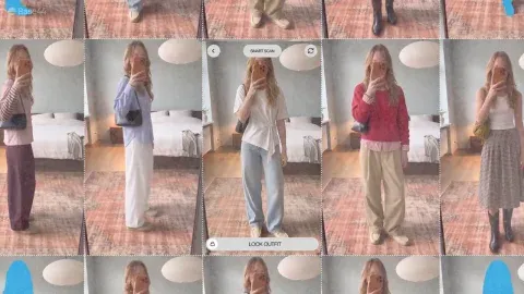 A strip of mirror pictures of one woman in different outfits.