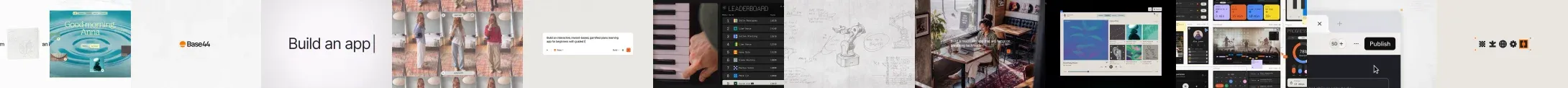 Thirteen frames of Base44’s Apps 2.0 film, from its first second to its last, each part’s own moment above its bar.