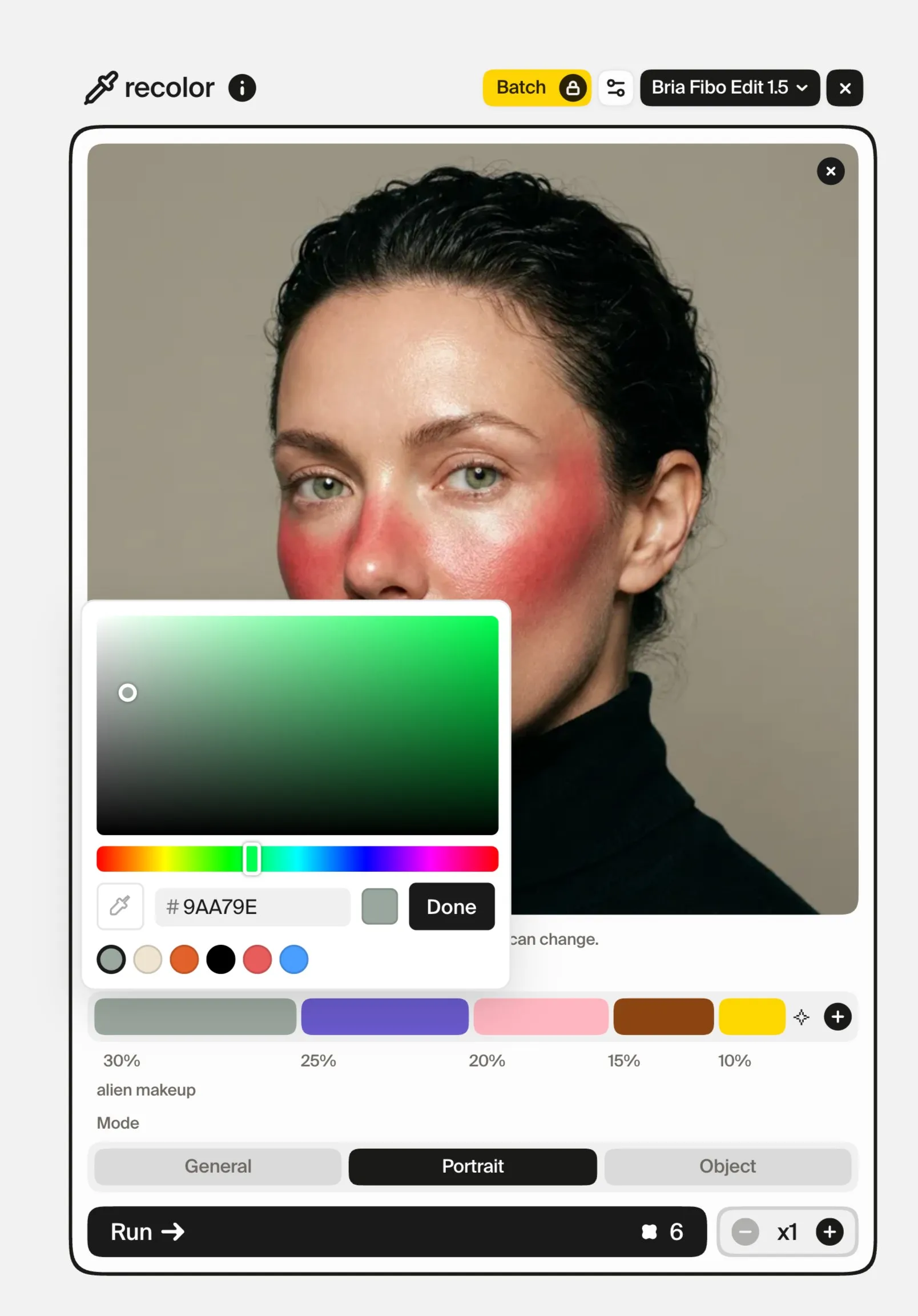 The color picker open over the first swatch of the portrait palette in recolor, changed from green to a muted sage,