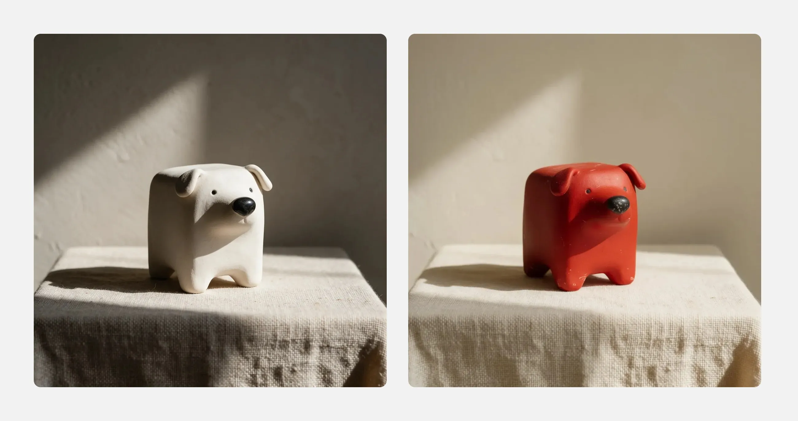 The ceramic dog before and after recolor in Object mode, white stoneware on the left and terracotta orange on the right, on the same pale linen.