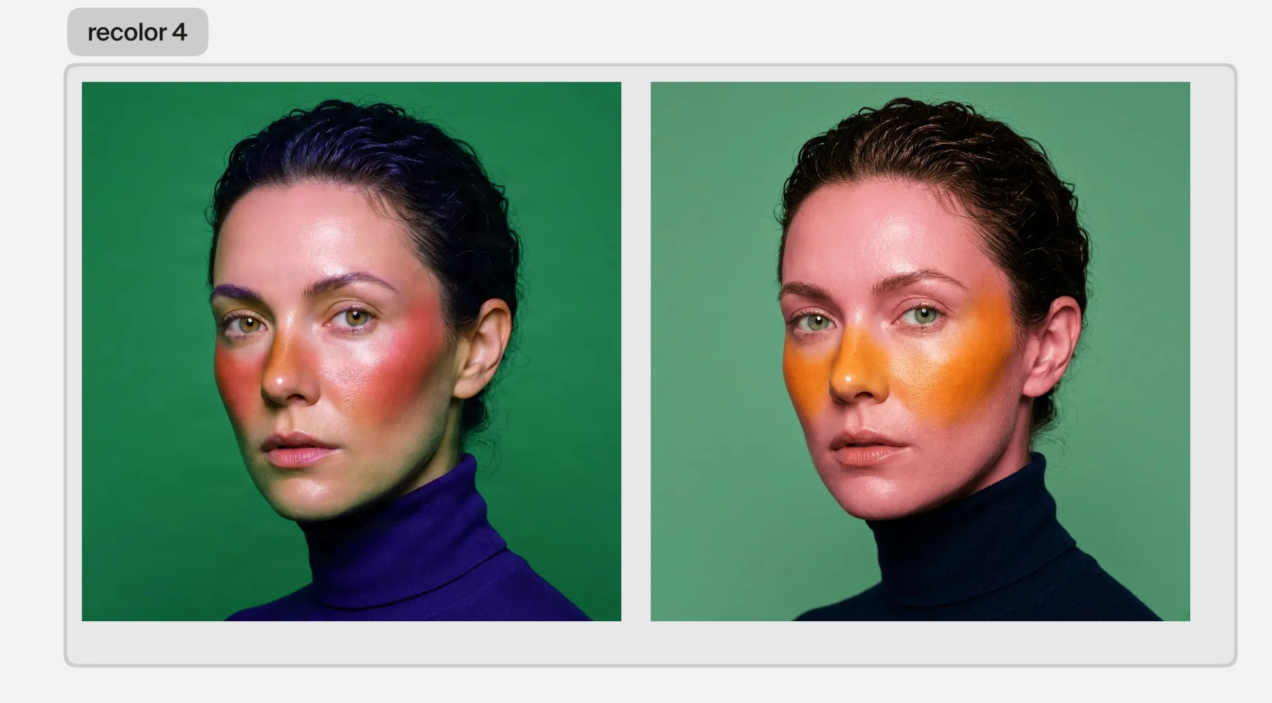 Two recolored versions of the portrait side by side on the canvas, Bria's on a green backdrop with warm red blush, violet-tinted hair and a violet turtleneck, and Grok's on a green backdrop with saturated orange blush and a navy turtleneck.