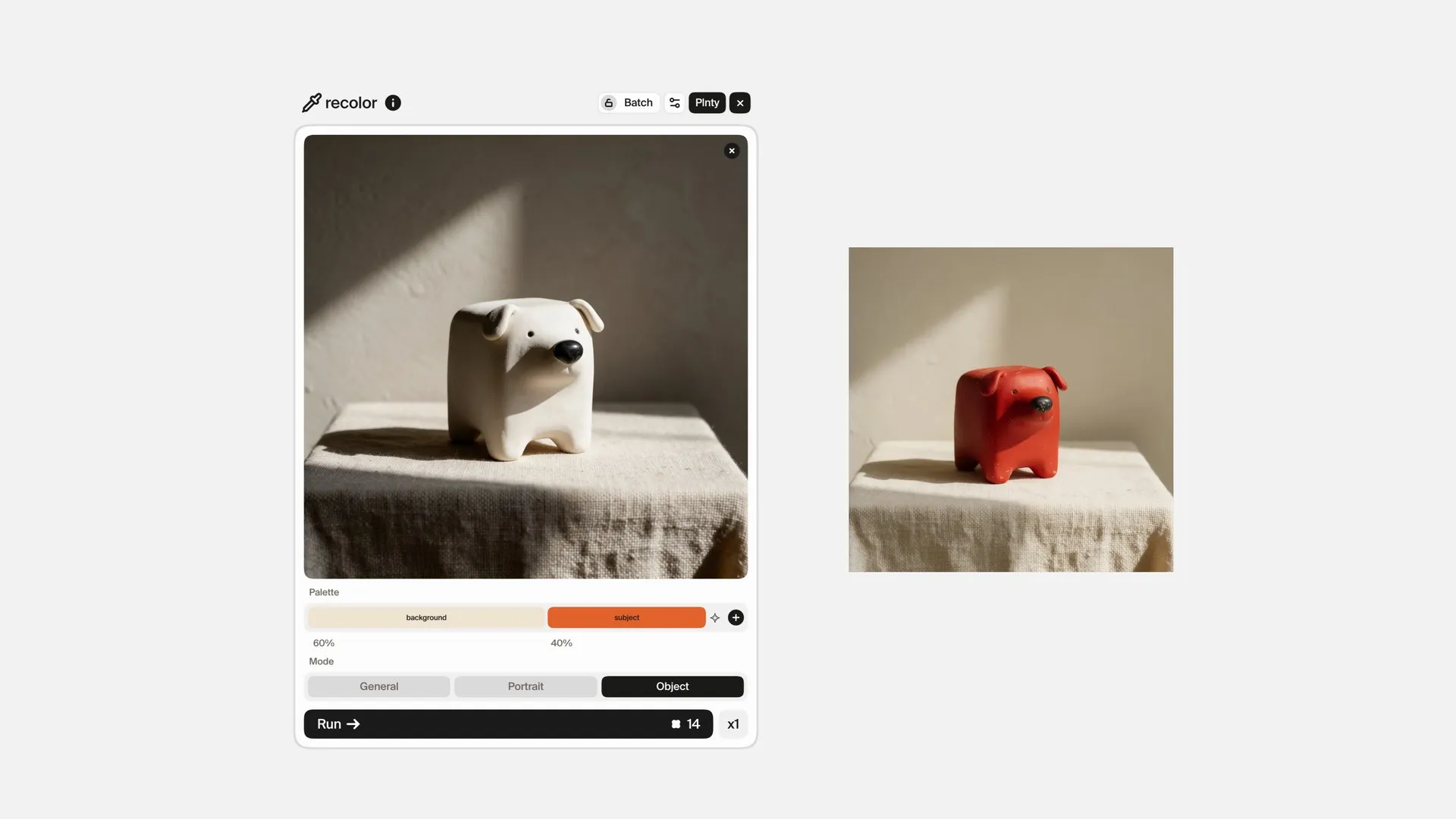 The recolor card with the ceramic dog and its Object-mode palette, beside the terracotta result, on the Plnty canvas.