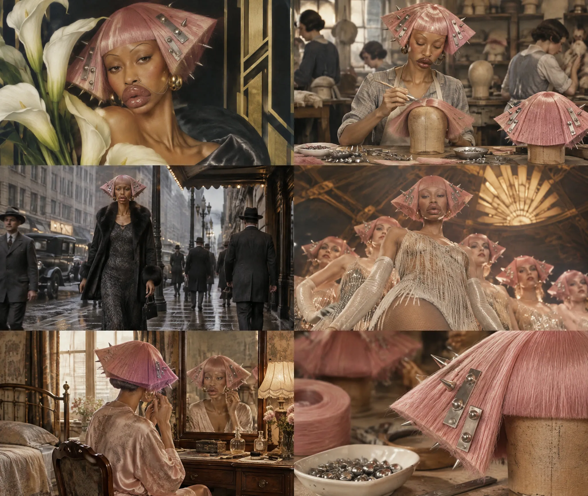 Six pictures of the character in 1927 in a grid of three rows. A painted portrait with calla lilies before a gold Art Deco screen, a wig workshop with women at work, a rainy street with old cars and men in hats, a line of dancers under a gilded dome, a dressing table mirror in a bedroom, and a pink spiked wig on a wooden stand.
