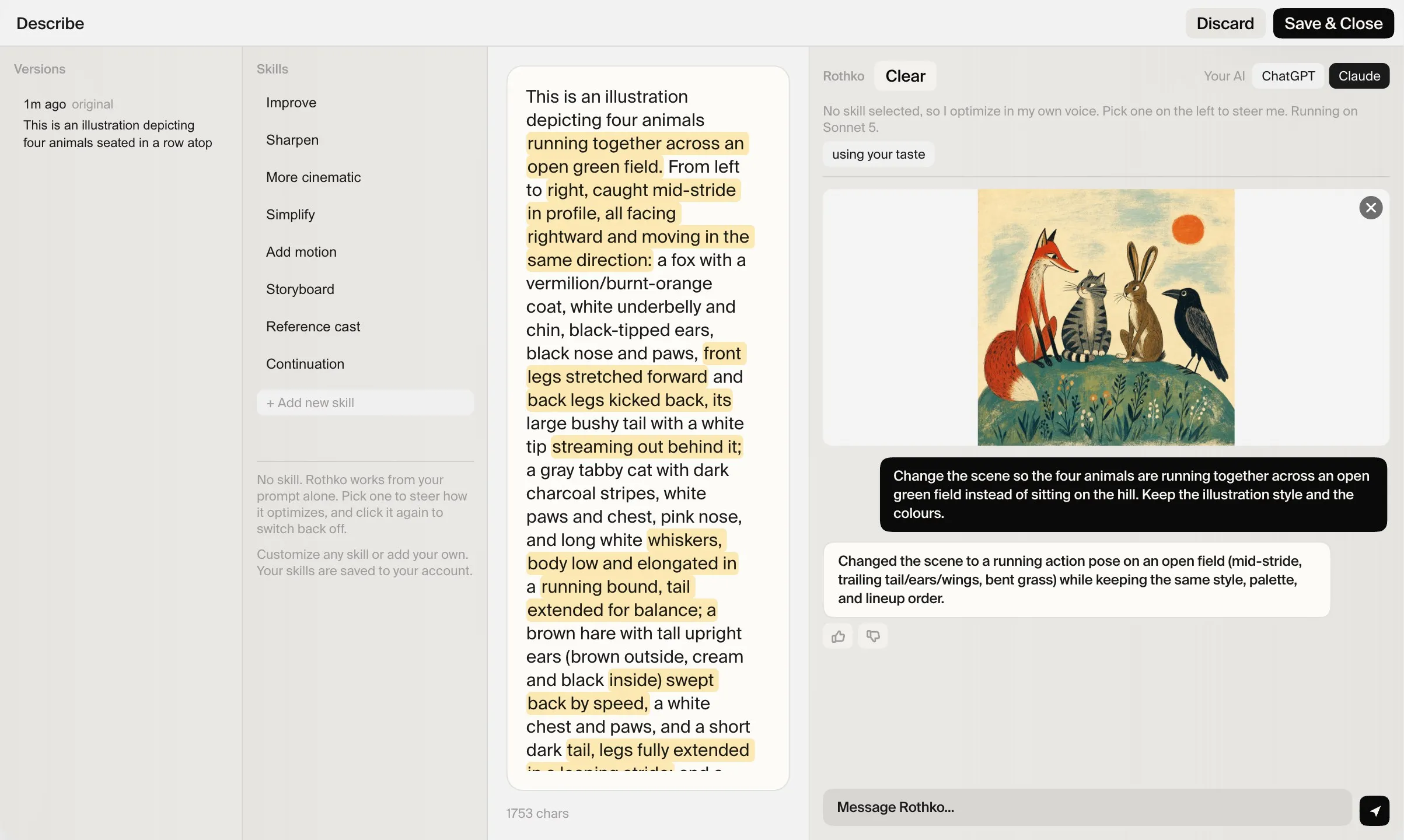 The Describe editor in Plnty, with the revised description of the fox, cat, hare and crow running across an open green field, its changed phrases highlighted, beside the source illustration and the request to Rothko.