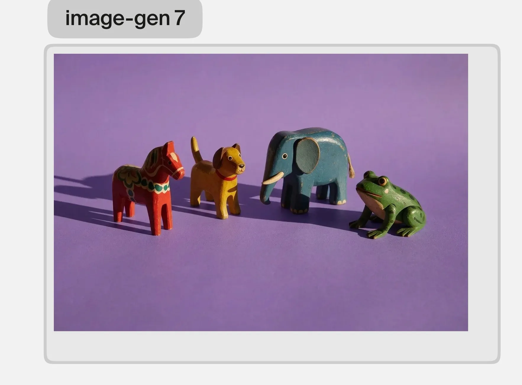 The edited picture on the Plnty canvas, the same four wooden toy animals on a solid purple ground, with no banana.