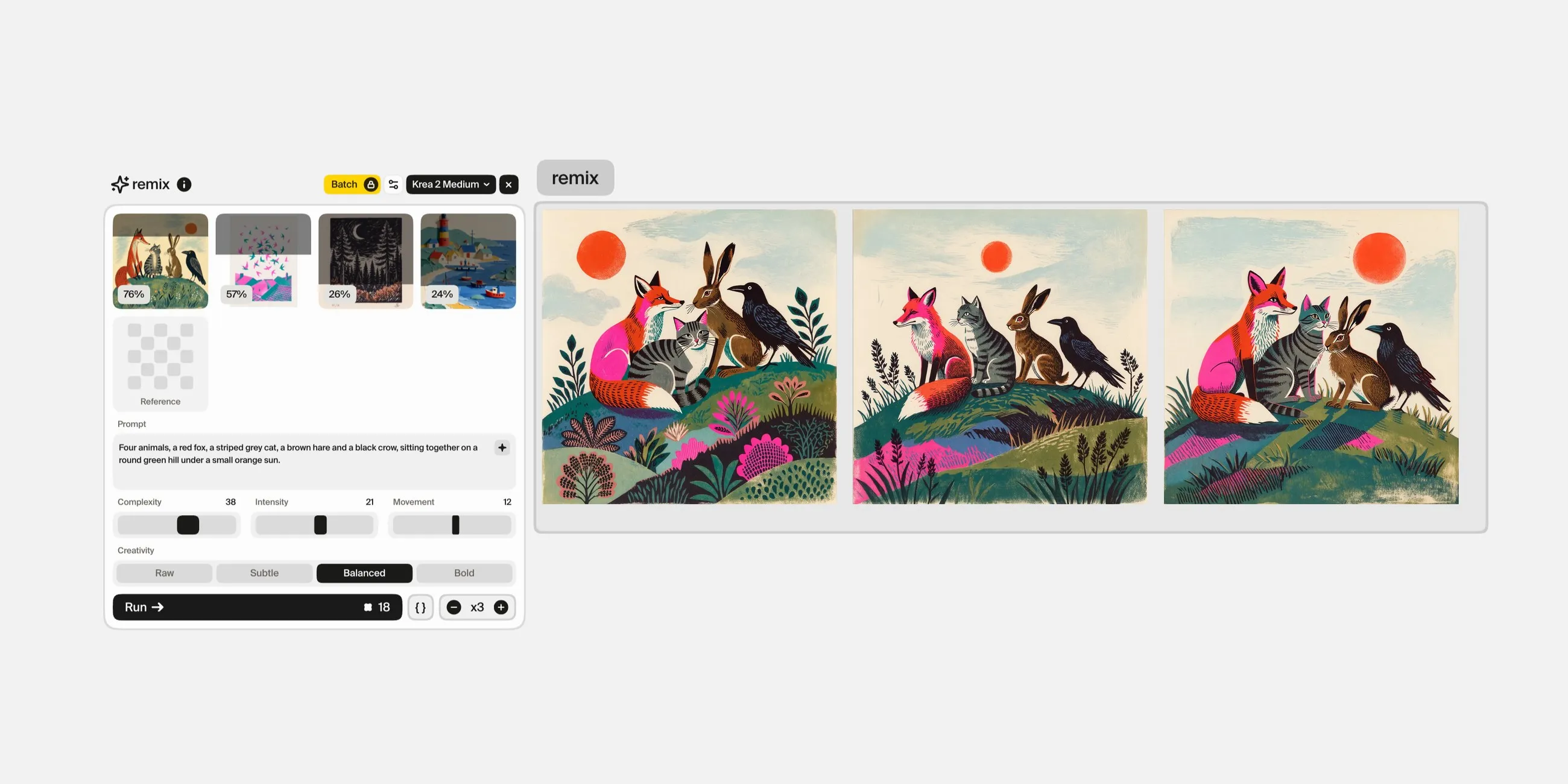 The remix card in Plnty with weighted style references and creative controls, beside three versions of a picture-book illustration of four animals.