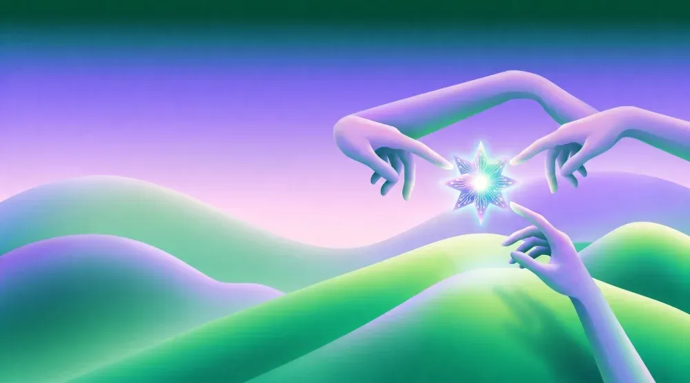 Two glowing hands almost touching over teal hills, a star between their fingertips.