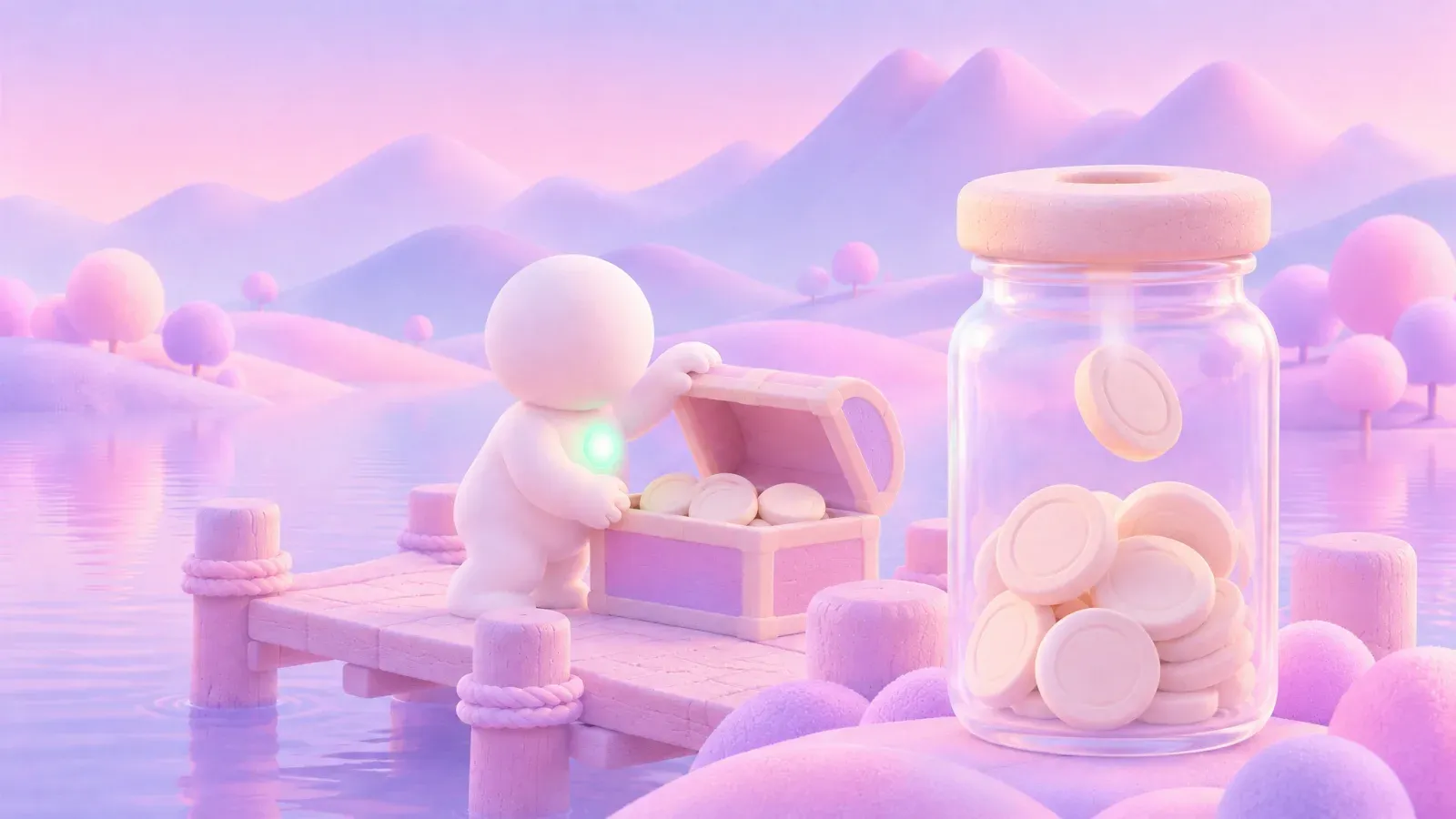 A figure on a jetty beside an open chest and a glass jar of coins, in a lilac lake world.