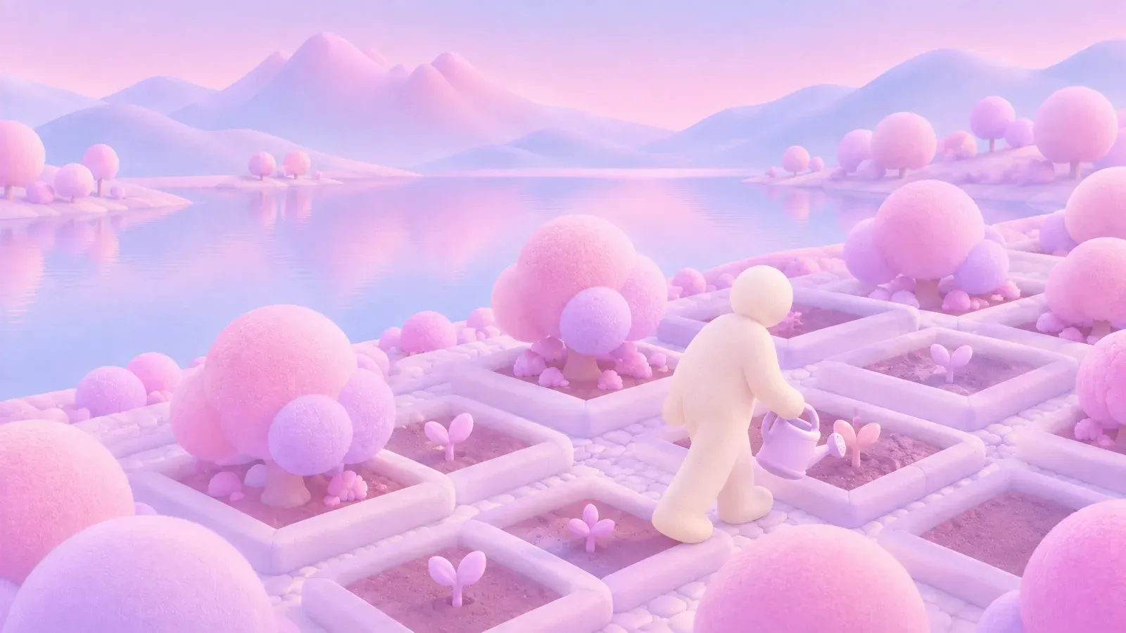 A figure tending a grid of square garden beds among pink bushes.