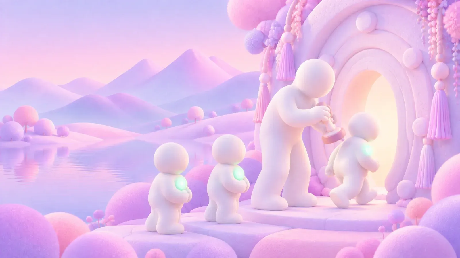 A figure at a round doorway in a pink wall, three small figures waiting beside it.