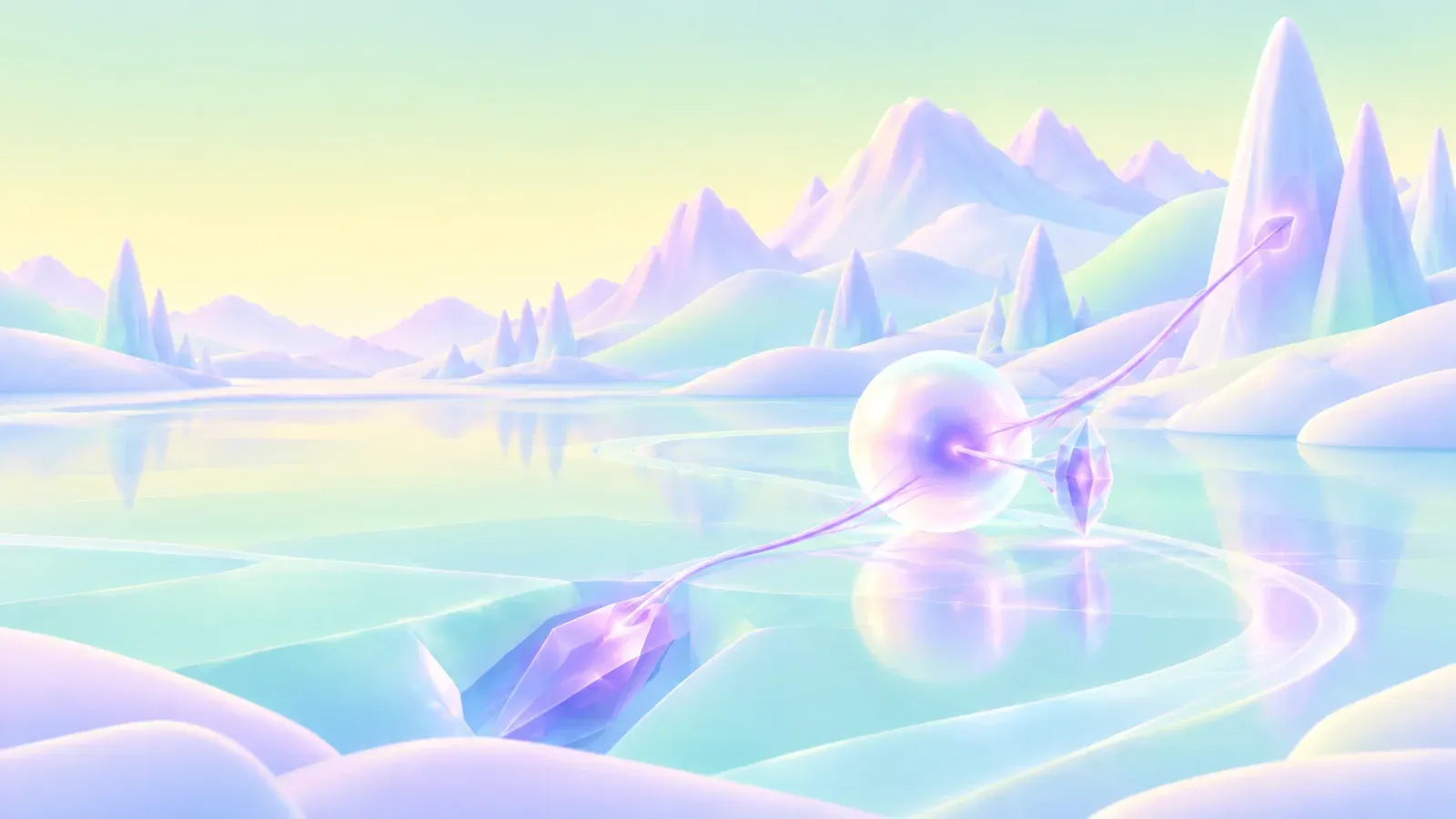 A glowing orb and a crystal pinned on lines over an icy lake.