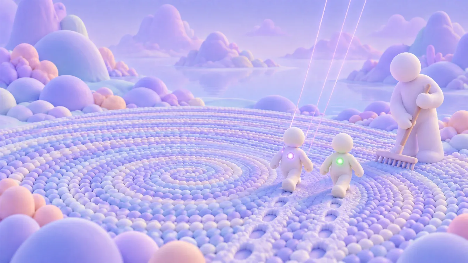 Small figures on a great spiral of beads, one of them raking it.