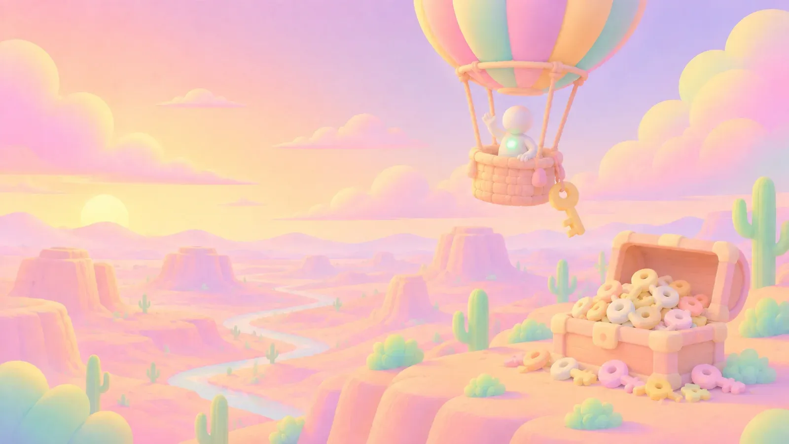 A hot air balloon carrying a figure over a pink desert, an open chest of coins below.