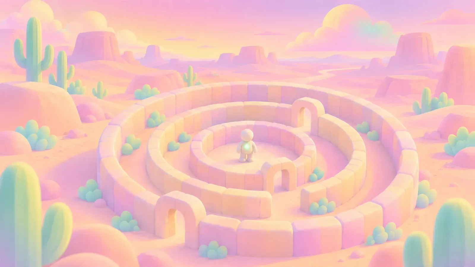 A small figure at the center of a round maze in a pink desert.
