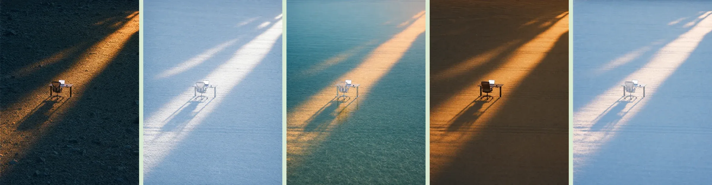 One desk and office chair in five landscapes, each in a single beam of light: dark rock, snow, shallow water, desert sand and pale ground.