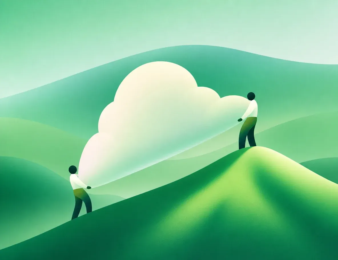 Two small figures carrying a large pink cloud over green hills.