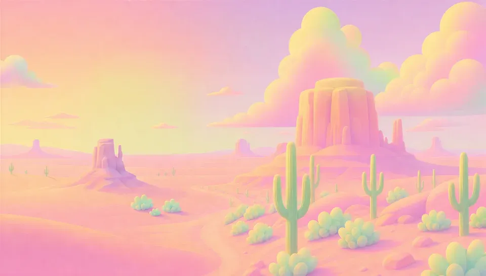 A pink desert world with a mesa and cactus.