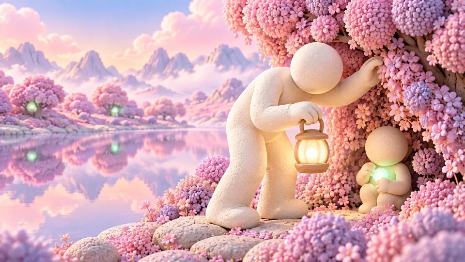 The render: a pale figure holding a lantern by a pink flowering tree, a smaller figure inside it.