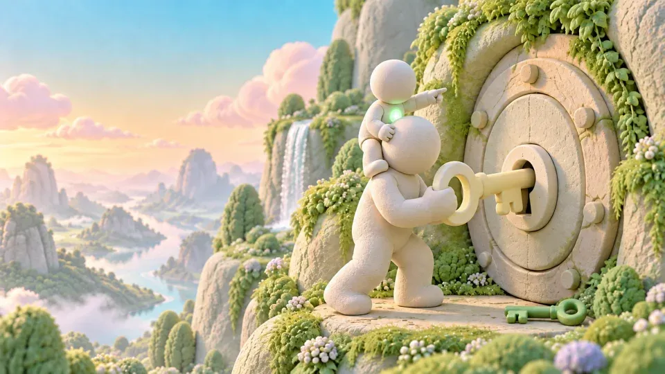 The render: a pale figure turning a key in a stone vault door, a smaller figure on its shoulders.