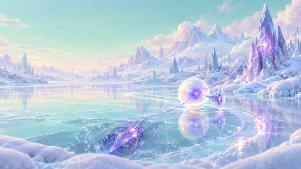 The render: a glowing orb and a crystal pinned on lines over a frozen lake.