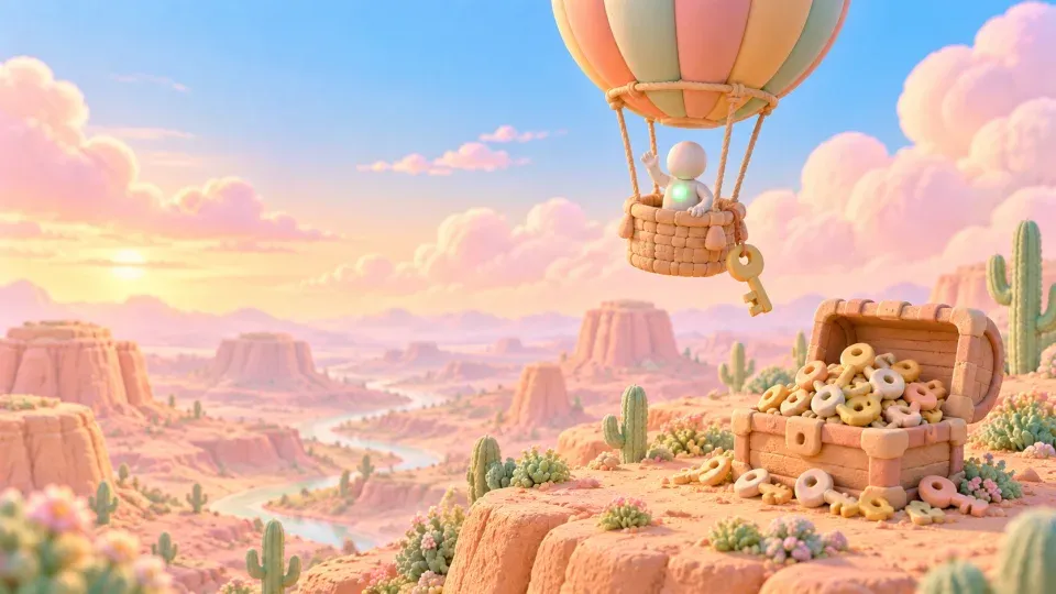 The render: a hot air balloon over a red rock desert, an open chest of coins below.