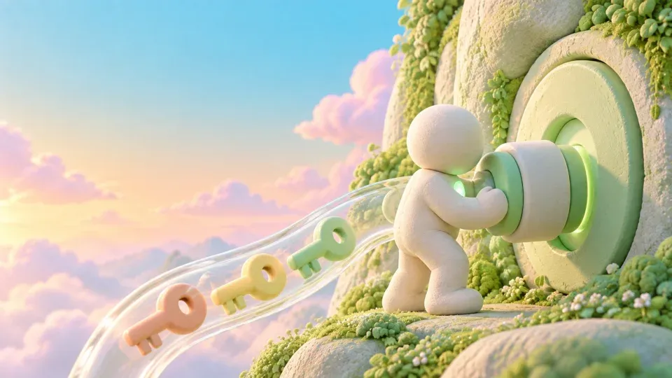 The render: a pale figure plugging into a round socket in a mossy cliff, keys floating along a cable.