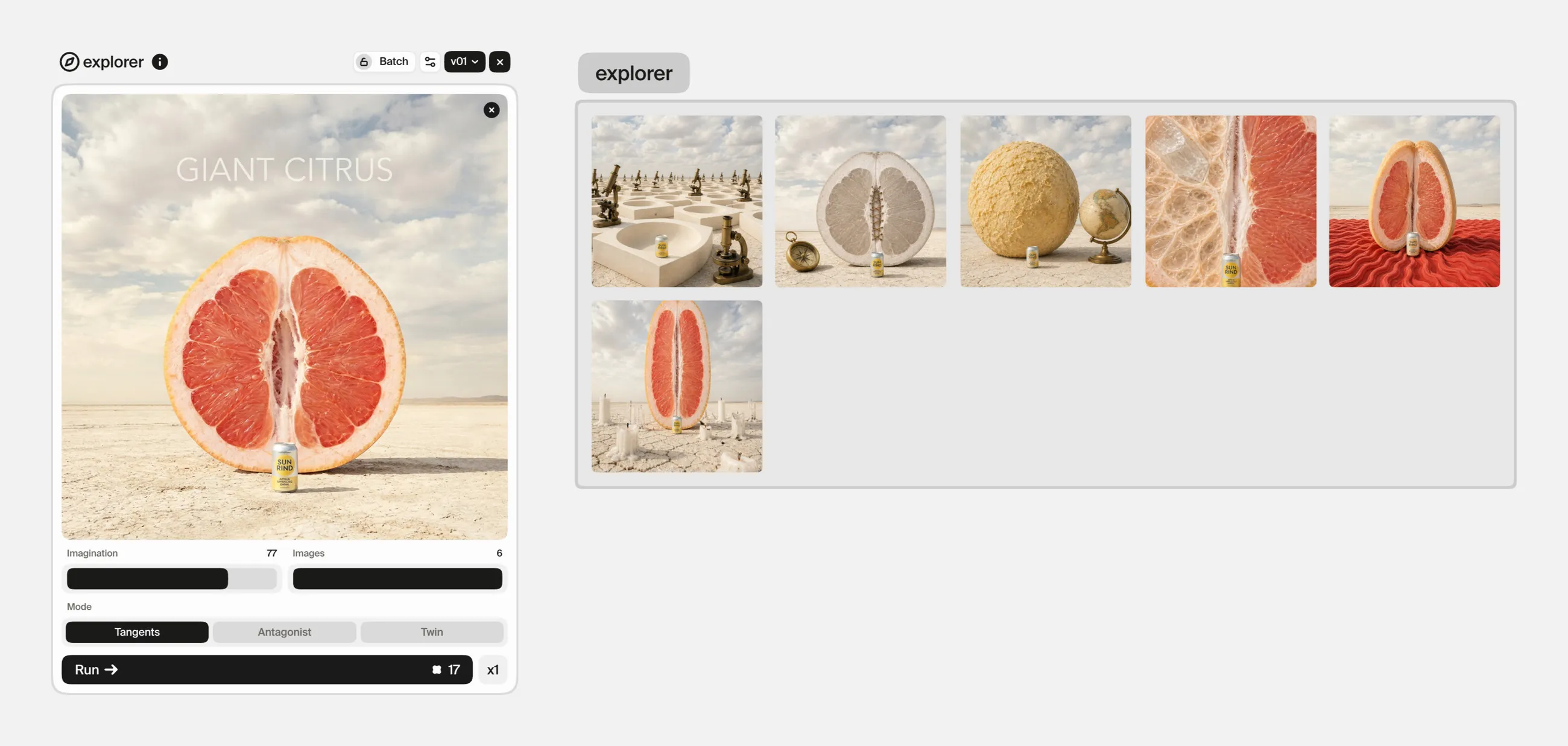 The explorer card holding the giant grapefruit image, with Imagination at 77, six images and Tangents mode, beside six departures that include microscopes on a white plain, a pale sphere beside a globe and a grapefruit on red dunes.