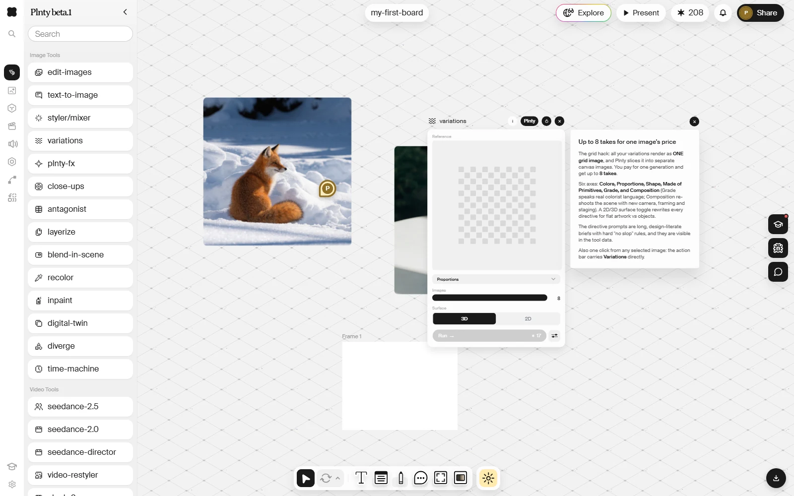 A board with all four edges in view: the tool sidebar on the left, the board name and controls along the top, the three bubbles on the right, and the toolbar along the bottom. A tool card sits open on the canvas beside an image.
