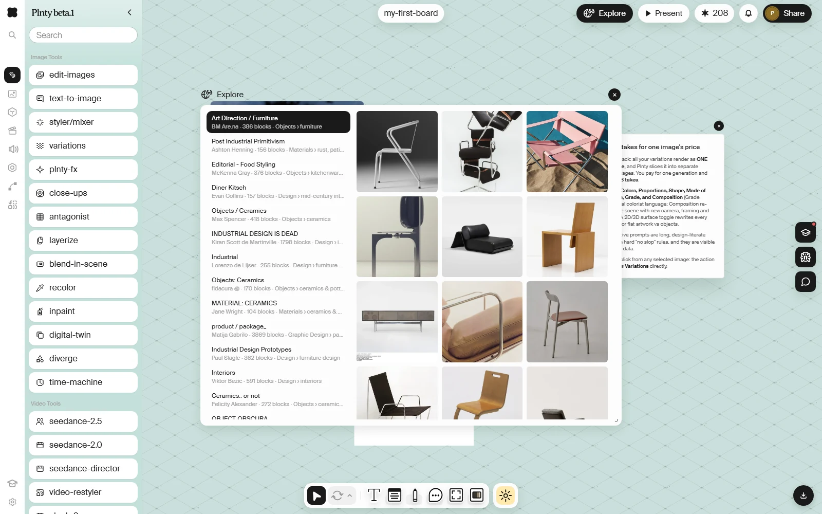 The Explore window open over a board. Collections run down the left with their curator and block count, and the images sit in a grid on the right, ready to drag.